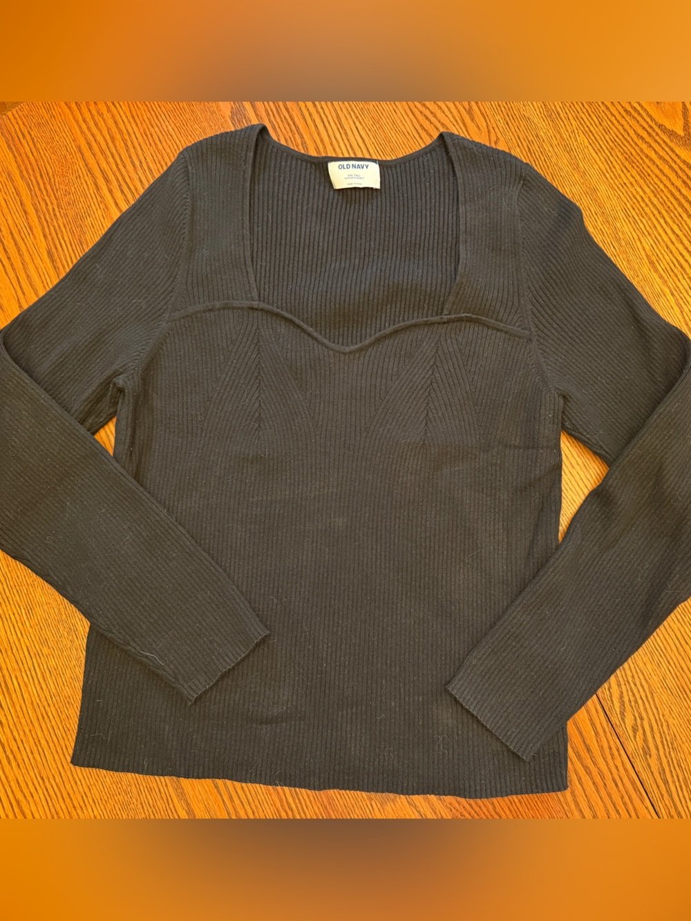 Sweetheart Neck Black Ribbed Long-Sleeve Sweater